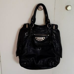 Sam Edelman black leather expandable hobo hand bag with studs and braided trim